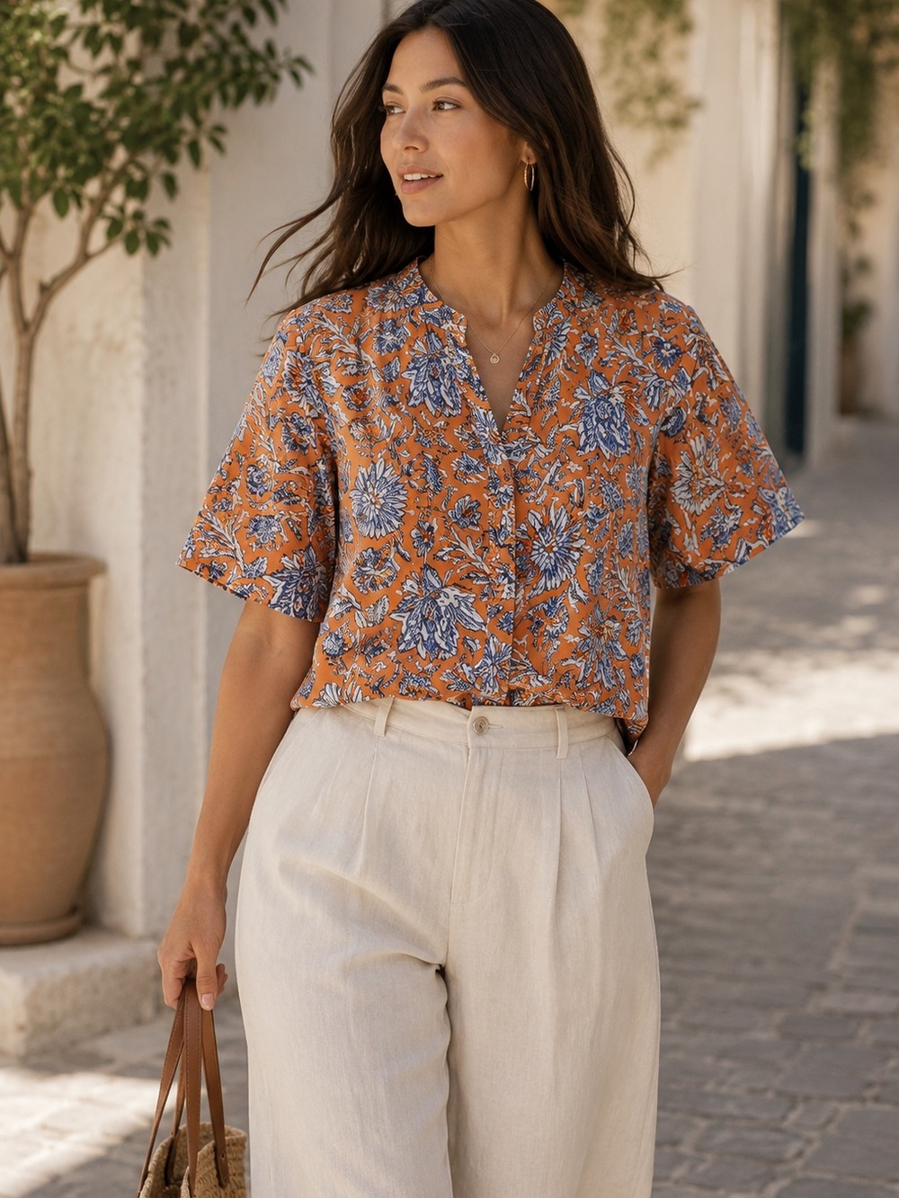 Yerse Floral Cotton Blouse Orange Blue Medium Boho Cottagecore Summer